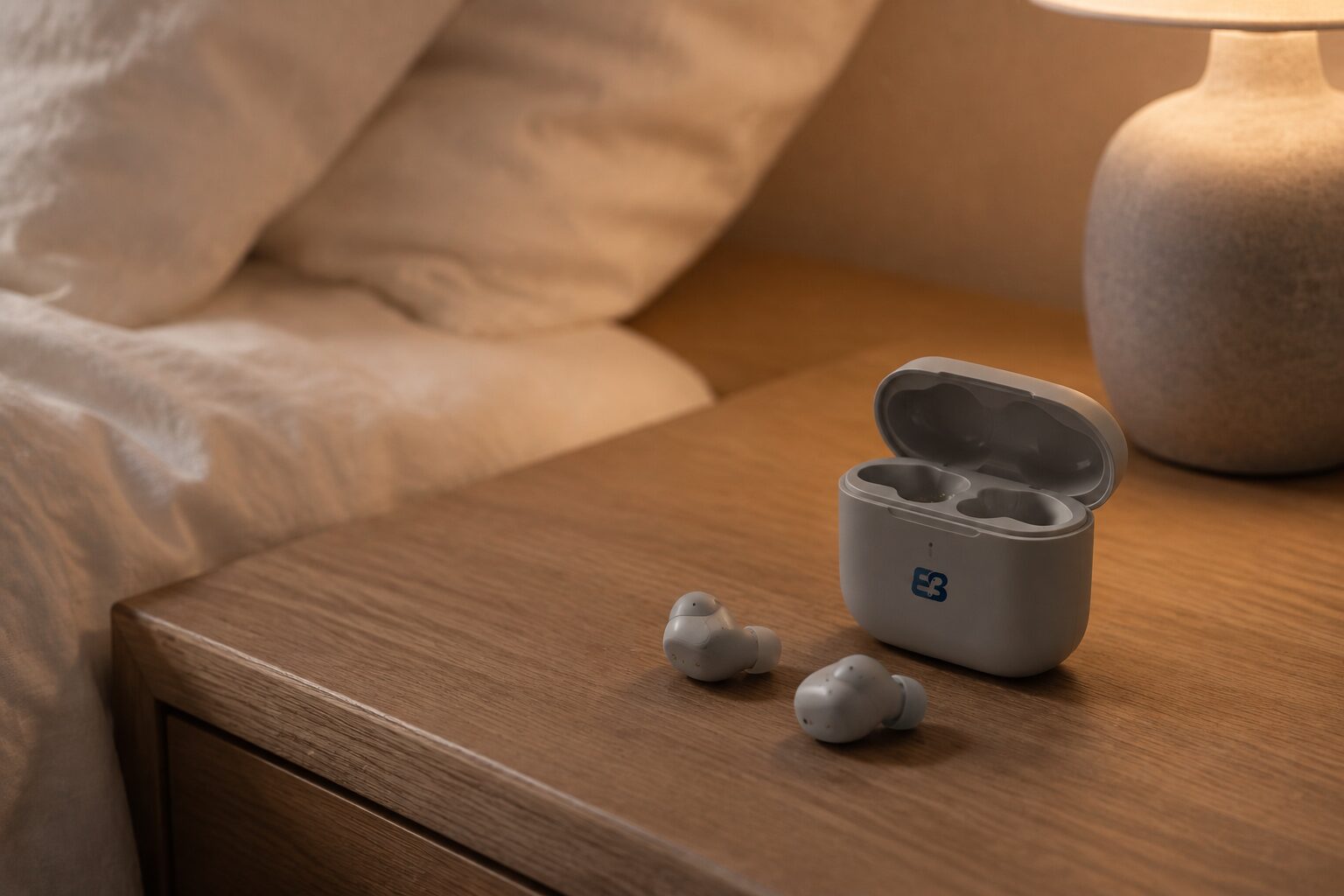 Compact low-profile sleep earbuds with an open EarbudSource charging case on a warm bedroom bedside table