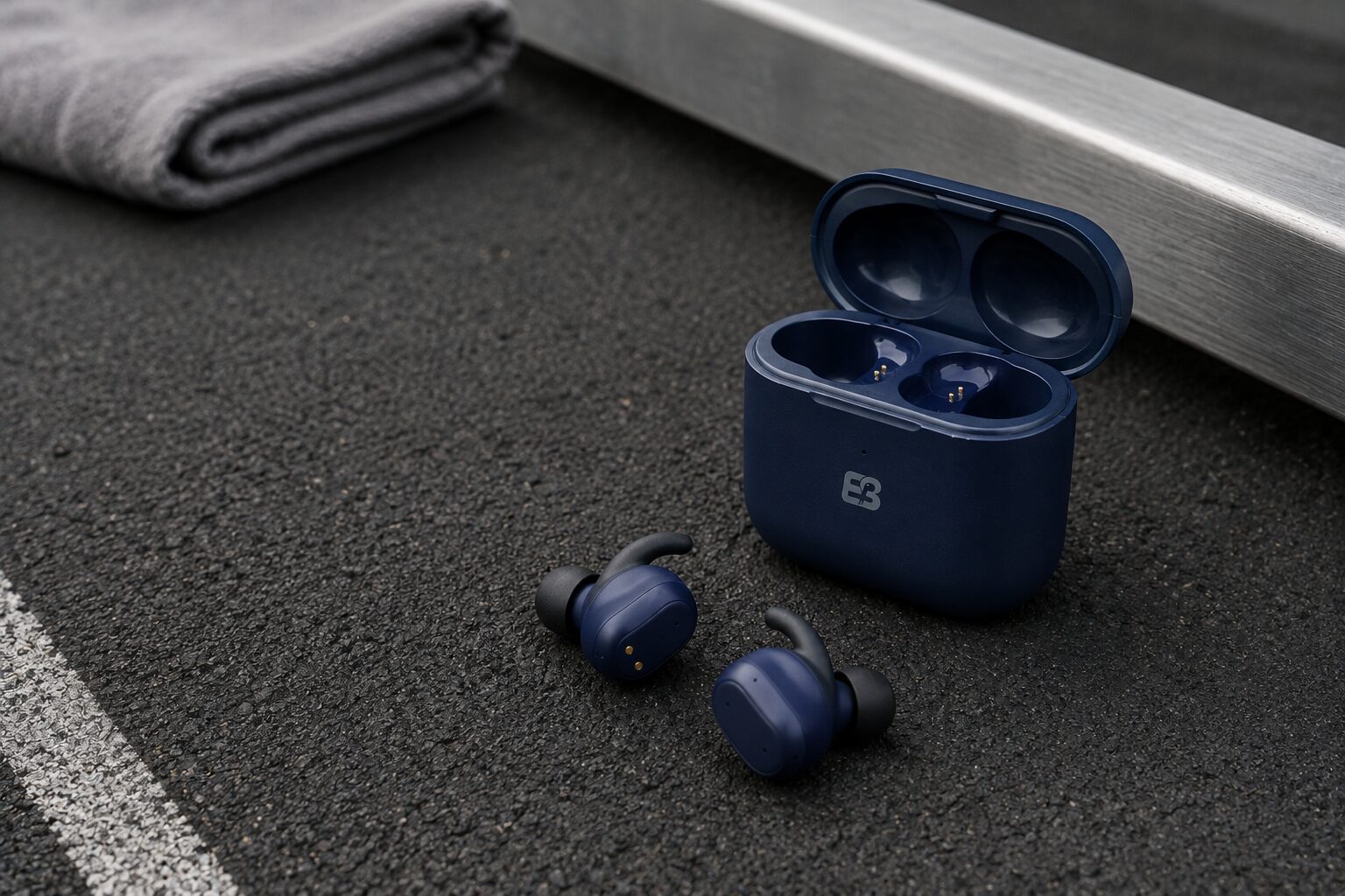Navy secure-fit sport earbuds with silicone tips, stabilizing wings and an open EarbudSource charging case on a running track